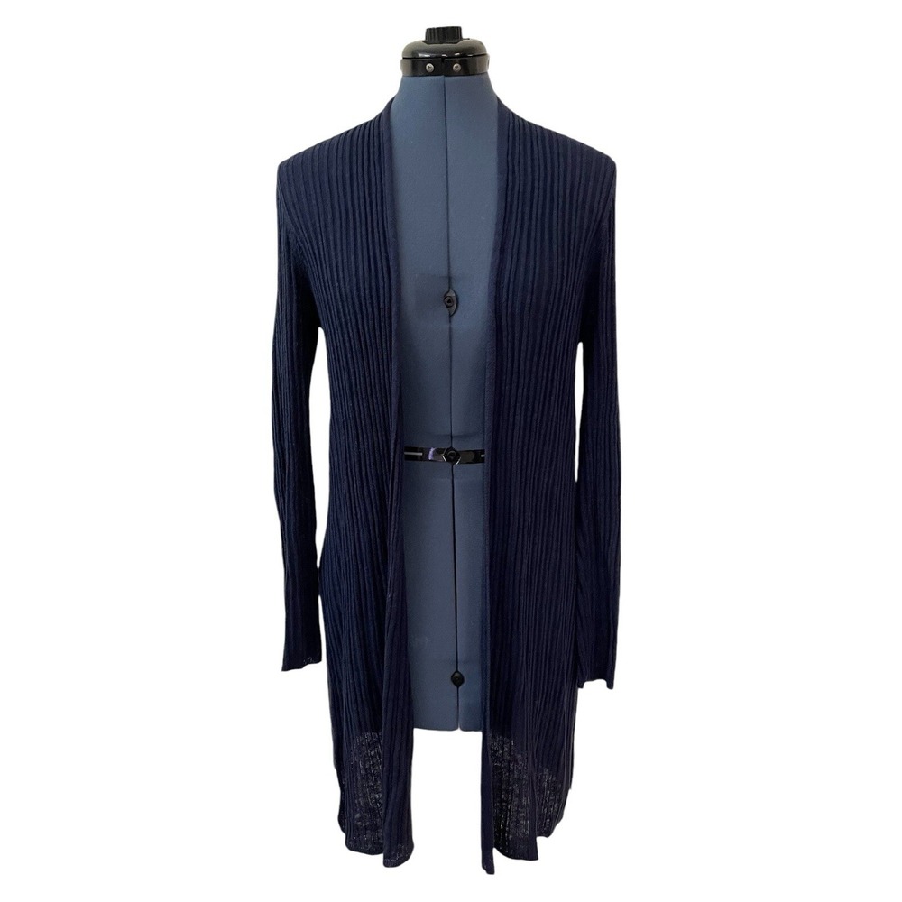 Eileen Fisher Blue Ribbed Linen Open Front Longsleeve Midi Cardigan Capsule PM
